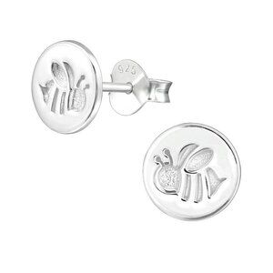 Sterling Silver Round Embossed Bee Earrings